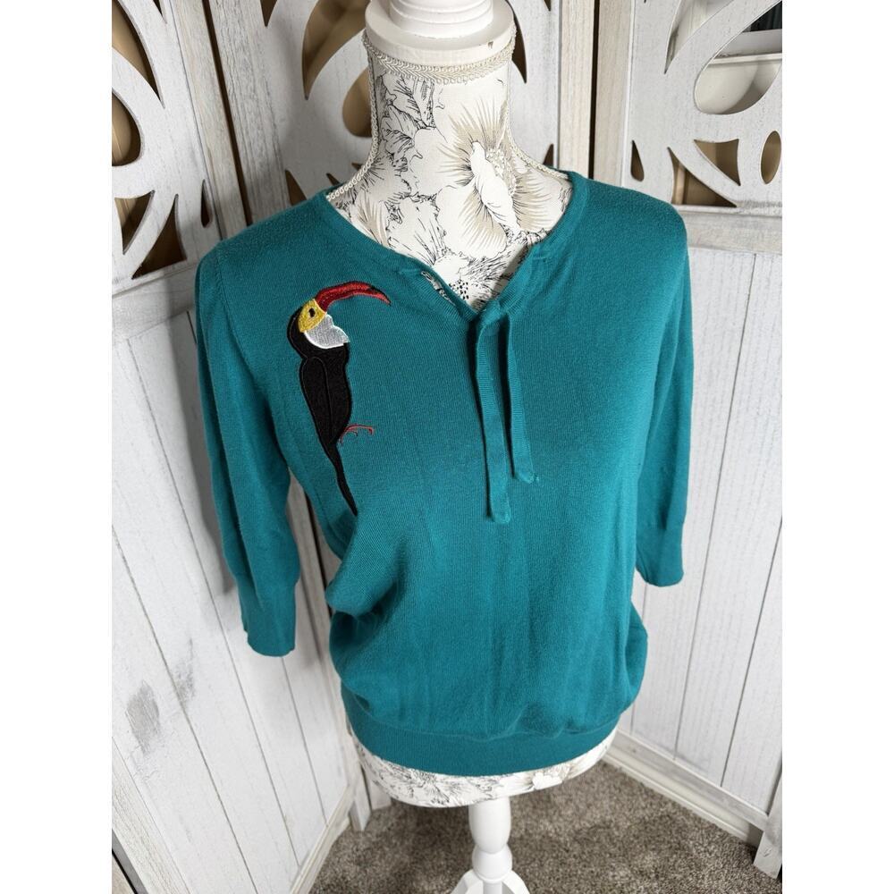 Belle Poque Teal Toucan Keyhole 3/4 Sleeve Retro Pinup Sweater Size Large